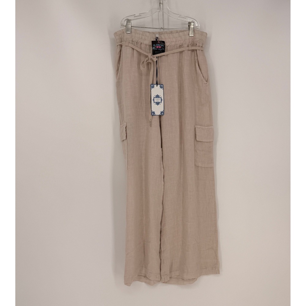 Tempo Paris Cargo Pants Women M Beige Linen Wide Leg Paperbag Waist Italy Luxury